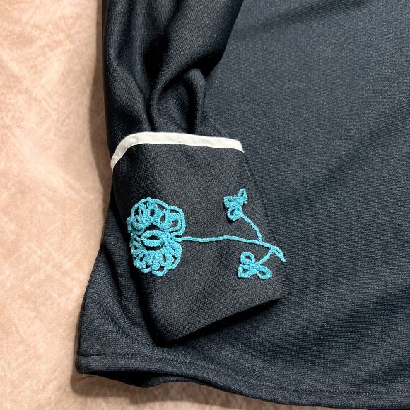 Vintage 70s Floral Embroidered Polyester Western Shirt Black Pearl Snap Cowboy - Picture 5 of 7